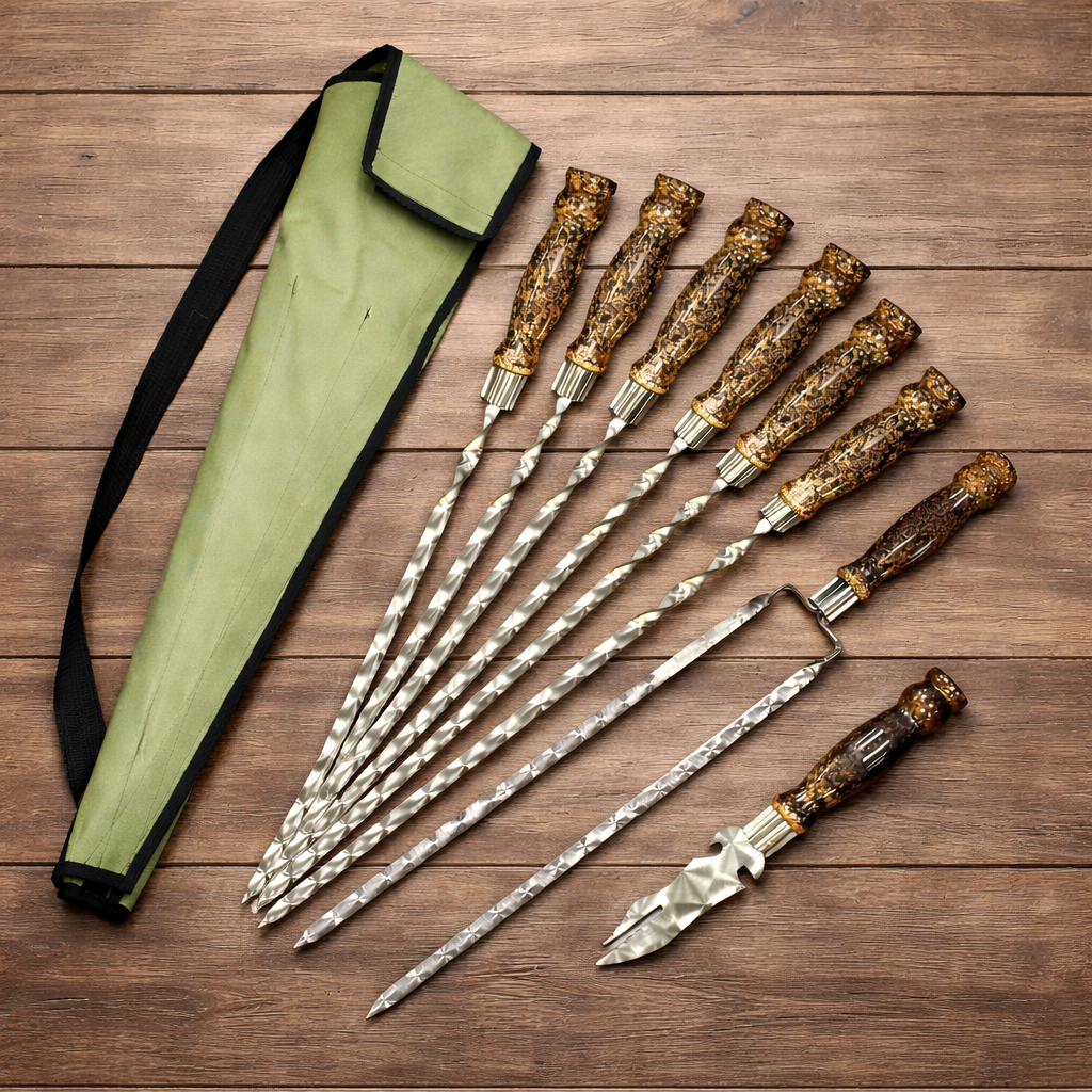 Набор шампуров Лира 6/1/1 мраморная ручка в зеленом чехле (10264)