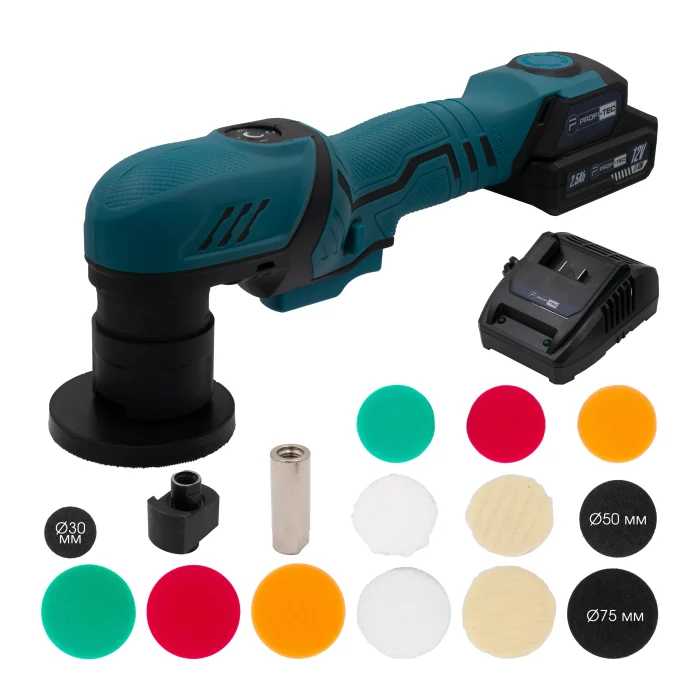 Полировальная машина эксцентриковая аккумуляторная PROFI-TEC PPM-8012SCP Set 12 В с ходом 3/12 мм и 3 платформами (PH00594)