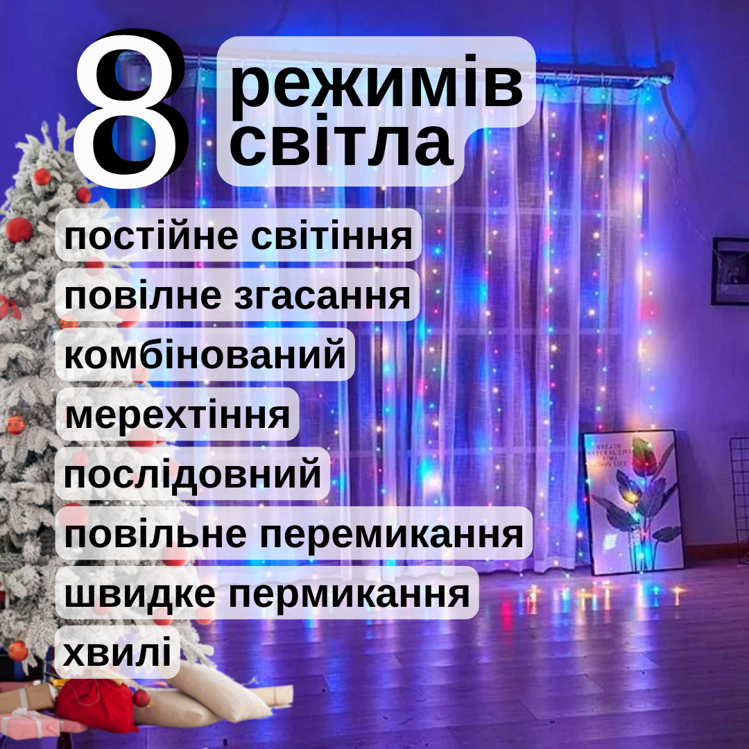 Гірлянда штора LED Крапля роси з крючками USB з пультом 3х3 м RGB (2419526696) - фото 2