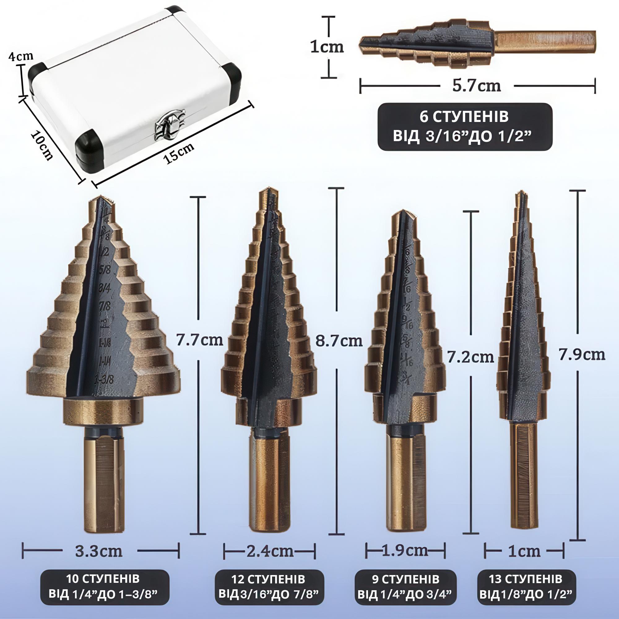 Набір східчастих свердлів зі швидкорізальної сталі HSS з кобальтовим покриттям в алюмінієвому кейсі для металу/дерева та пластику 4-35 мм 5 шт. - фото 8