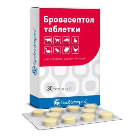 Препарат для животных антибактериальный Бровасептол широкого спектра действия 30 табл./1 г (арт. Б0046)