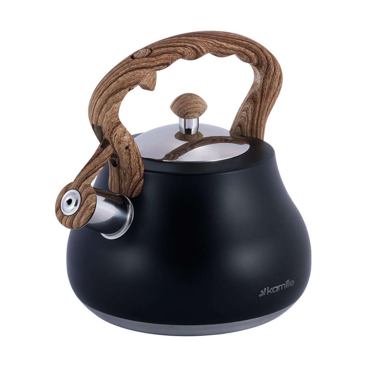Чайник зі свистком Kamille KM-1092 із нержавіючої сталі та нейлоновою ручкою з покриттям soft-touch під дерево 2,7 л Чорний (150-84-1092) - фото 2 Чайник зі свистком Kamille KM-1092 із нержавіючої сталі та нейлоновою ручкою з покриттям soft-touch під дерево 2,7 л Чорний (150-84-1092) - фото 2