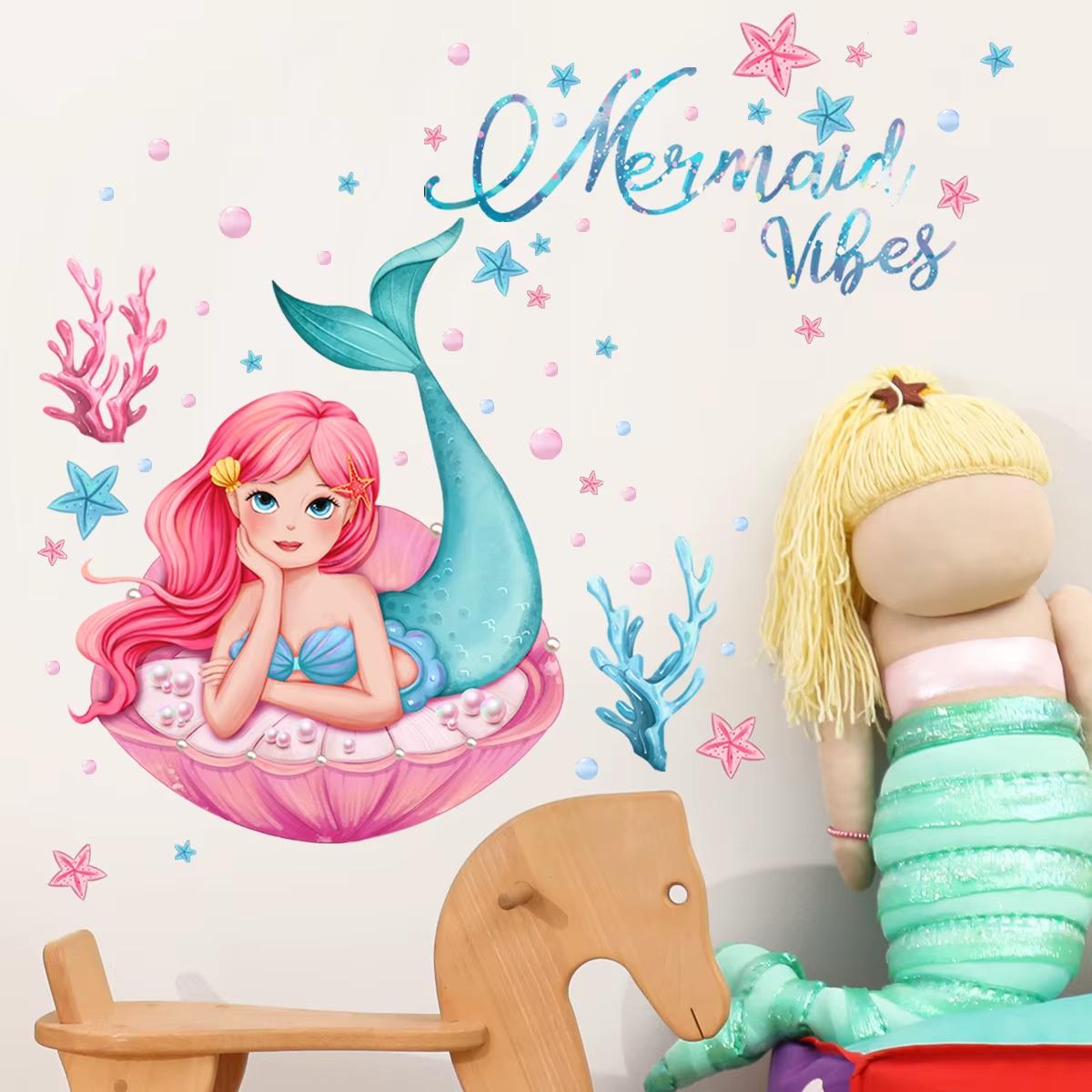 Наклейка виниловая Русалка в раковине интерьерная в детскую комнату на стену для девочек 30х60 см