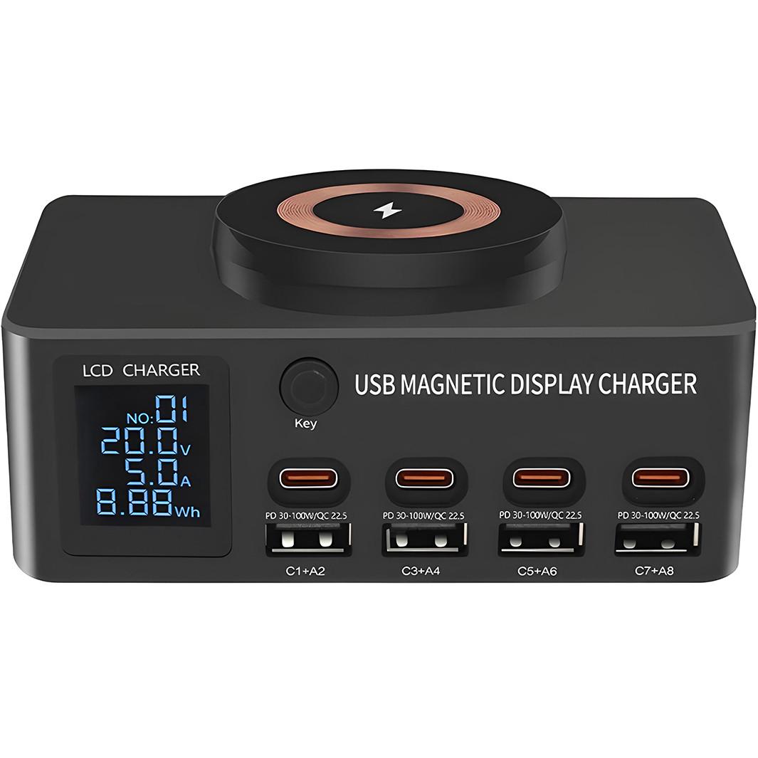 Док-станція зарядна Addap MCS-818DP/4 роз'єми Type-C PD 100 W/4 роз'єми USB QC3.0/бездротова панель 15 W