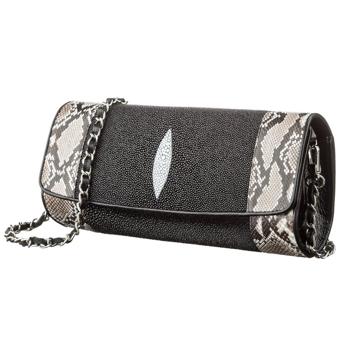 Клатч женский Stingray Leather 18617 из натуральной кожи морского ската со вставками кожи питона Черный Клатч женский Stingray Leather 18617 из натуральной кожи морского ската со вставками кожи питона Черный