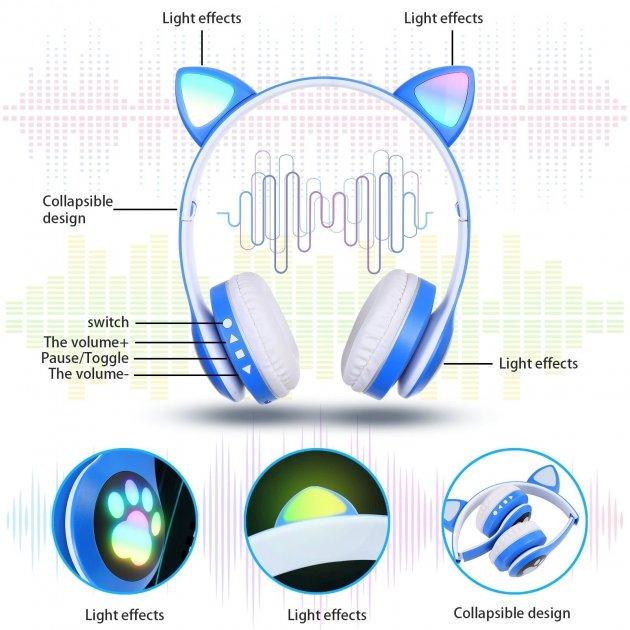 Наушники беспроводные детские Cat VZV-23M bluetooth с кошачьими ушками и цветной подсветкой Blue (11878440) - фото 4