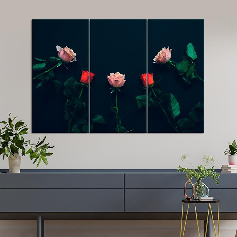 Картина цветы и растения Розовые и красные розы на чёрном фоне 78x48 см (A980-3)