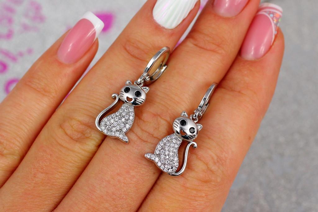 Серьги подвески Xuping Jewelry Котики с камнями 3 см Серебристый