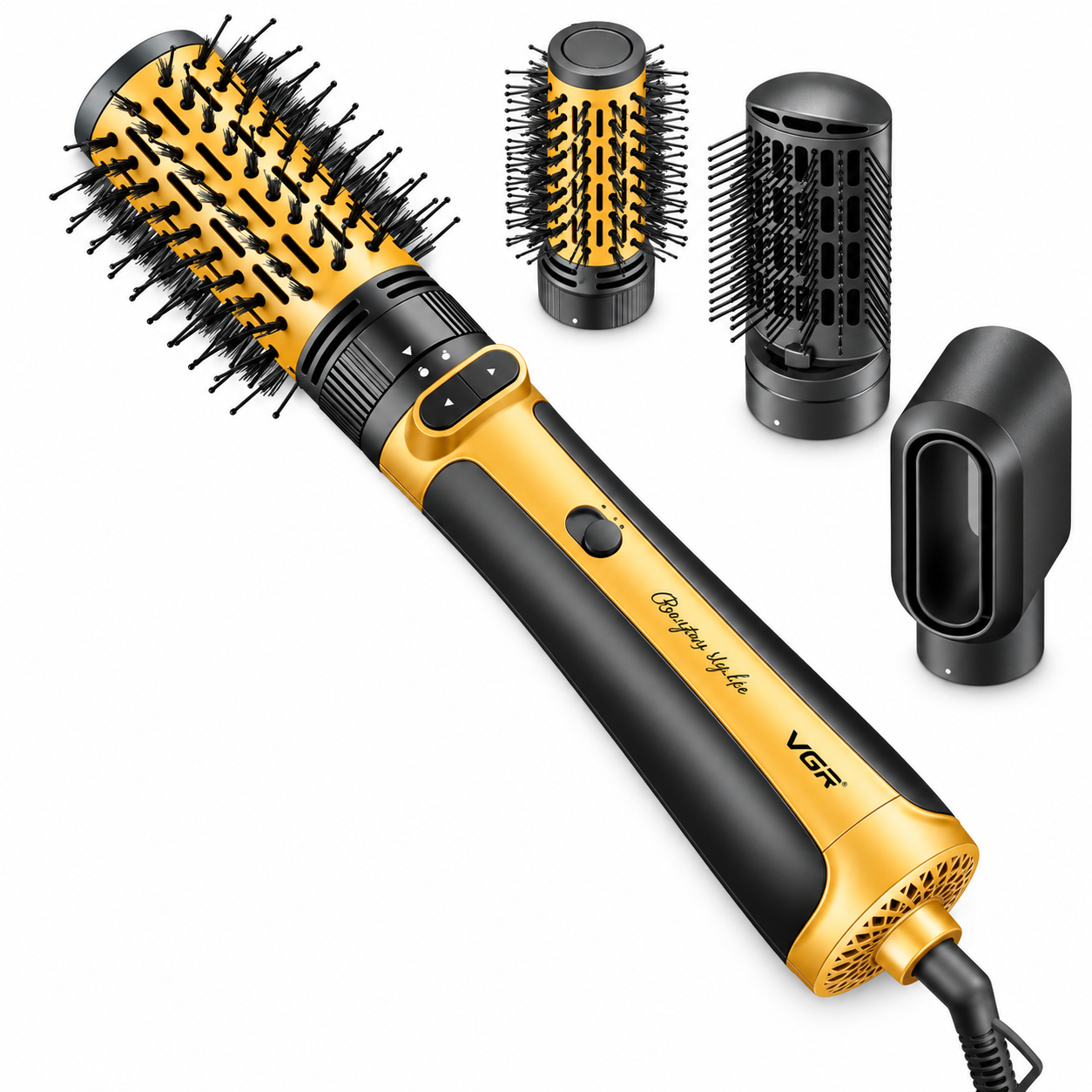 Фен-щетка VGR V-495 1200 Вт ионизация 4 насадки Золотистый (ML-07055) Фен-щетка VGR V-495 1200 Вт ионизация 4 насадки Золотистый (ML-07055)