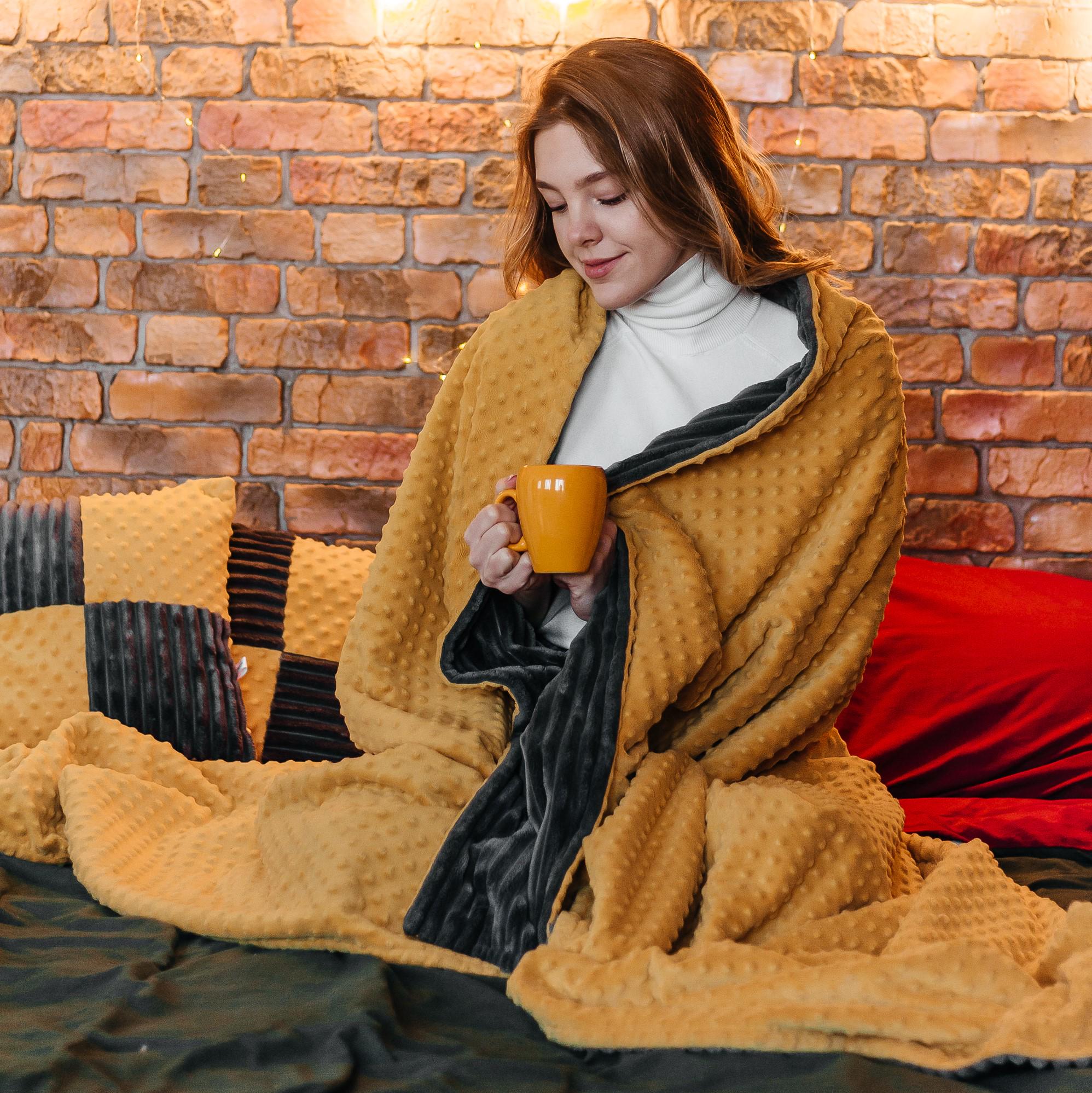 Двухсторонний плед MinkyHome 160х200 см 100% плюш Графитовый/Горчица