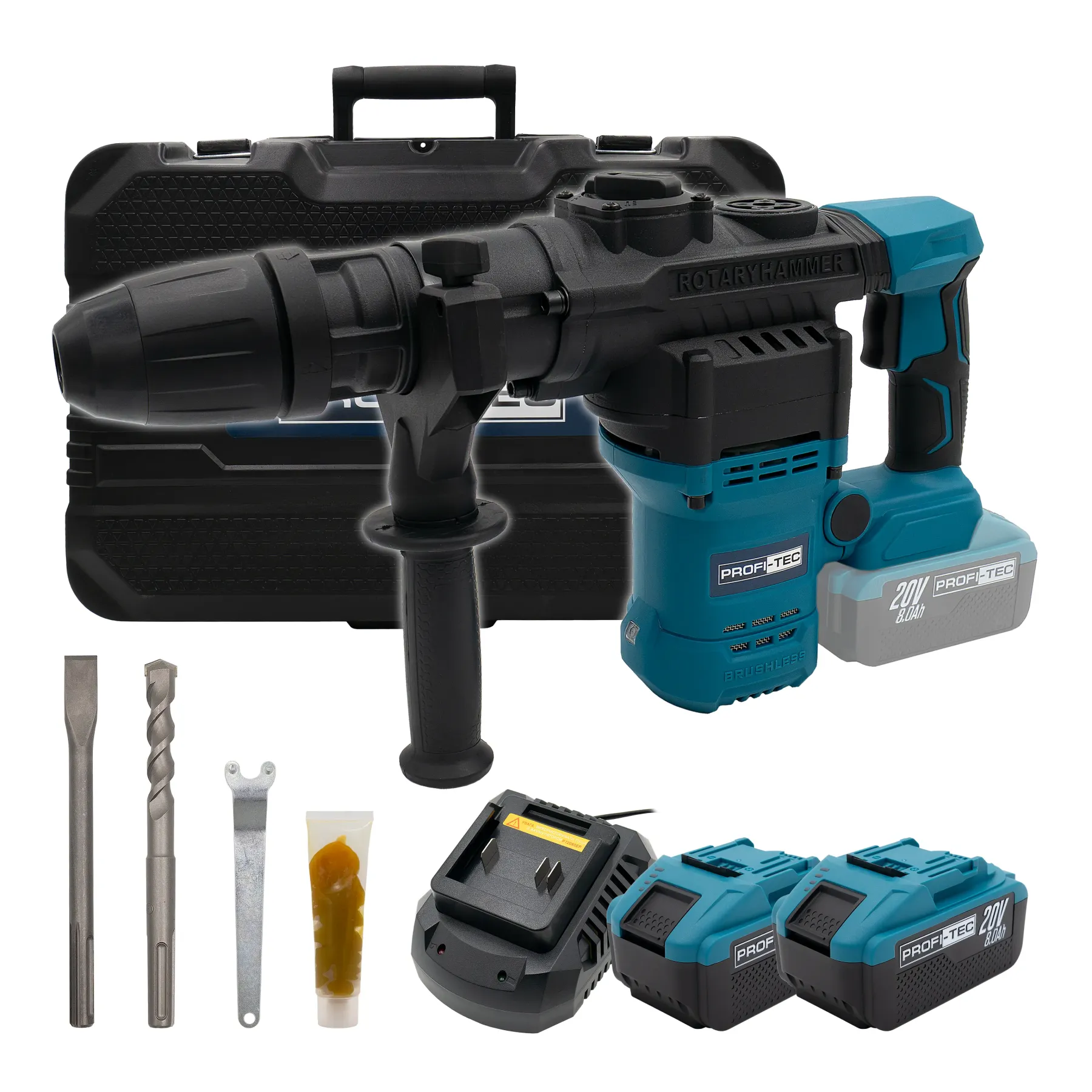 Перфоратор аккумуляторный Profi-Tec PBH5620 20 В 5,6 Дж SDS-MAX 2хPT2080EP 8,0 Ач скоростное зарядное устройство QBCD20/4 quick 4,0А, кейс (006748)