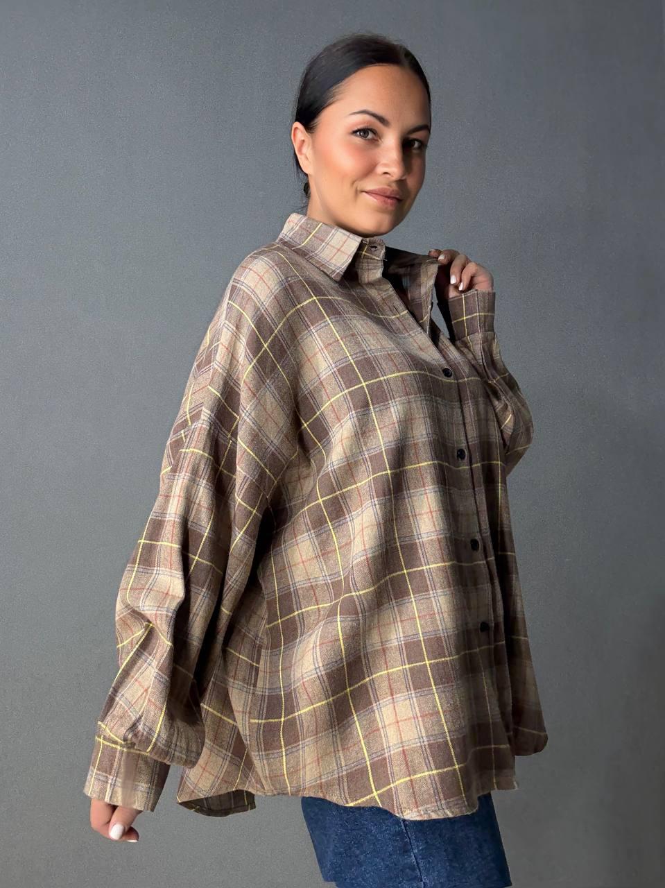 Рубашка женская A-N 8313 в клетку оверсайз широкая хлопковая OS Коричневый (5131) - фото 4