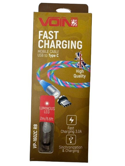 Кабель магнітний Voin USB-Type C 3А Multicolor LED швидка зарядка/передача даних 2 м (VP-1602C RB)