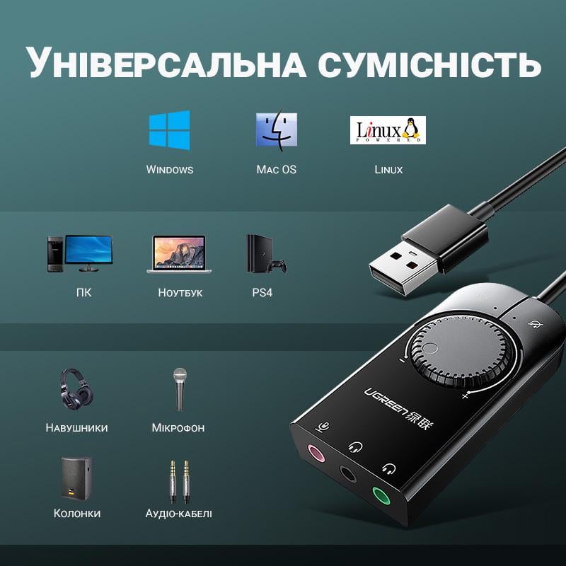 Звуковая карта USB внешняя Ugreen CM129 аудио-адаптер с регулятором громкости на 3 порта 3,5 мм Jack - фото 9