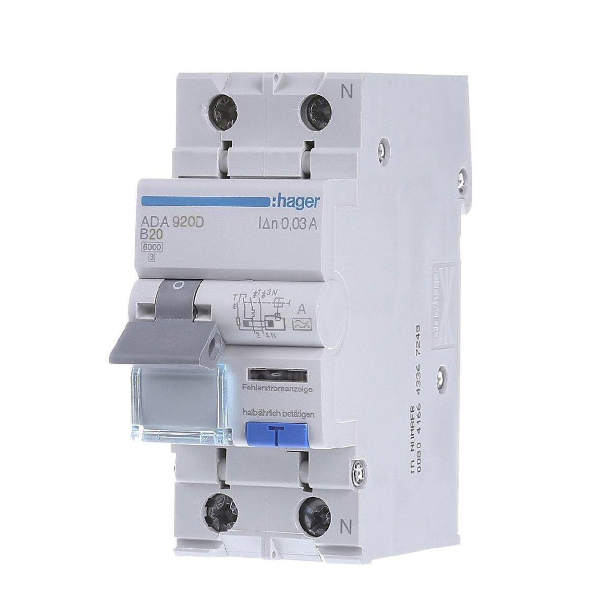 Выключатель дифференциальный автоматический Hager ADA920D 1P+N 6kA B-20A 30mA тип A (00000045913)