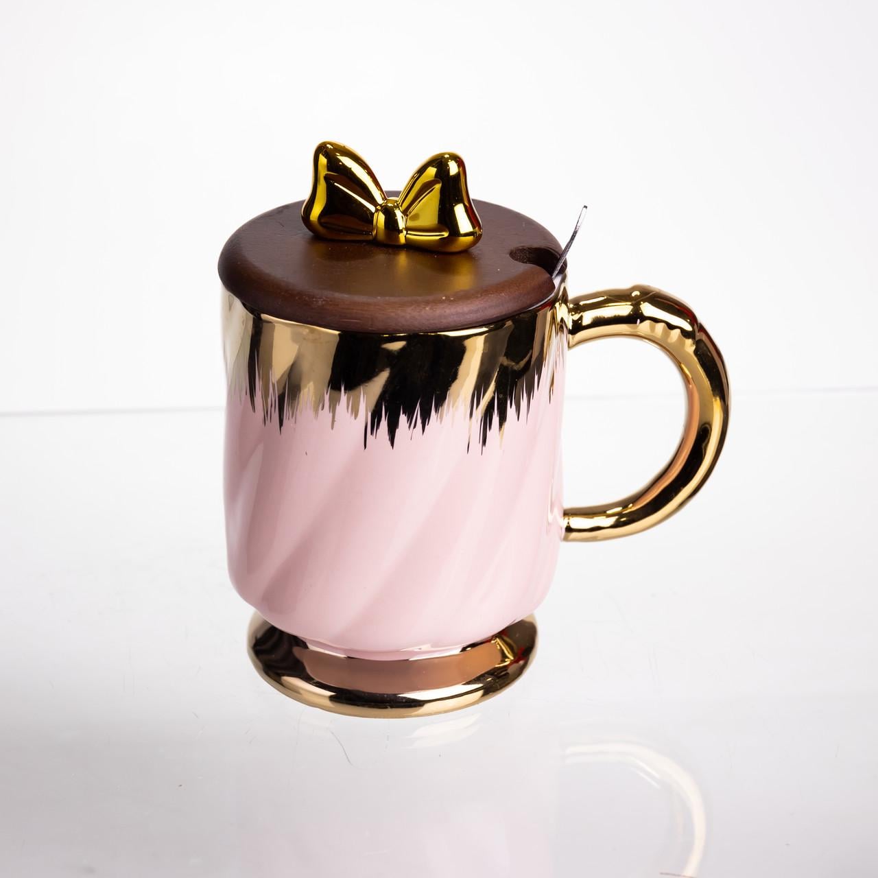 Чашка фарфоровая Light House LG-30161 PK/GD с ложкой и крышкой 450 мл Розовый