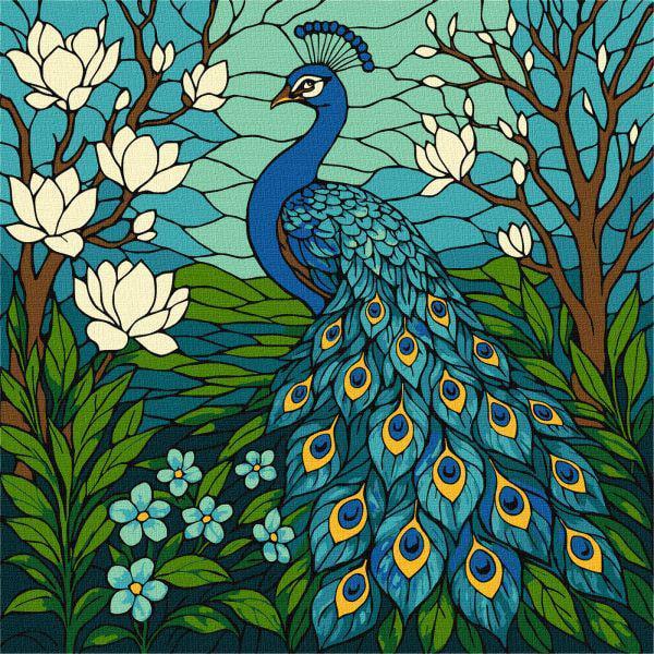 Картина за номерами Ideyka Вітраж Павич в магнолії 30х30 см (Id-KHO6810)