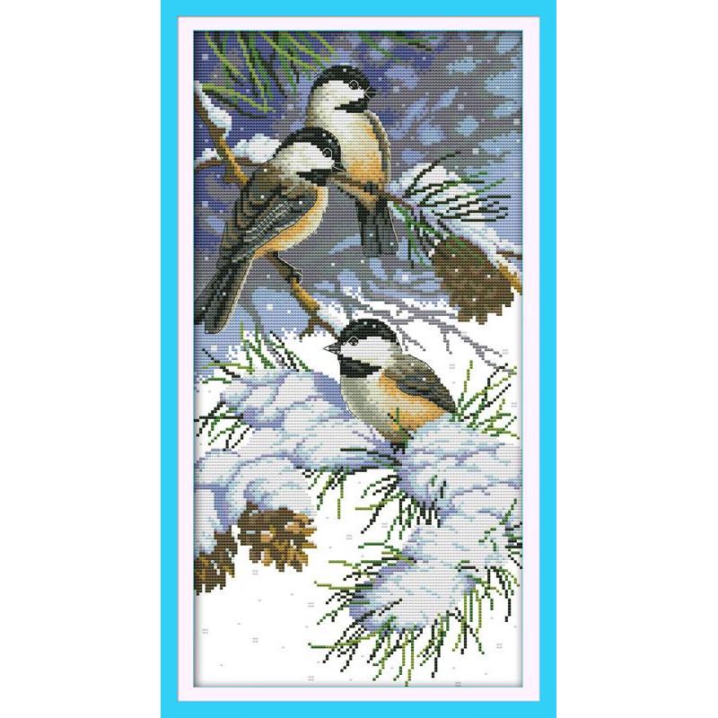 Набор для вышивания крестиком Синички и шишки с печатью на ткани NKF D 6662 (51014)