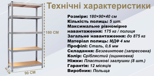 Стелаж складський 2 шт. 180х90х40 см з 5 полицями МДФ металевий розбірний 4Points StrongShelf - фото 3