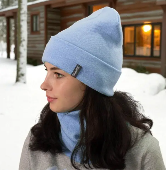 Комплект женский шапка/снуд вязаные One size на флисе Голубой (29546980)