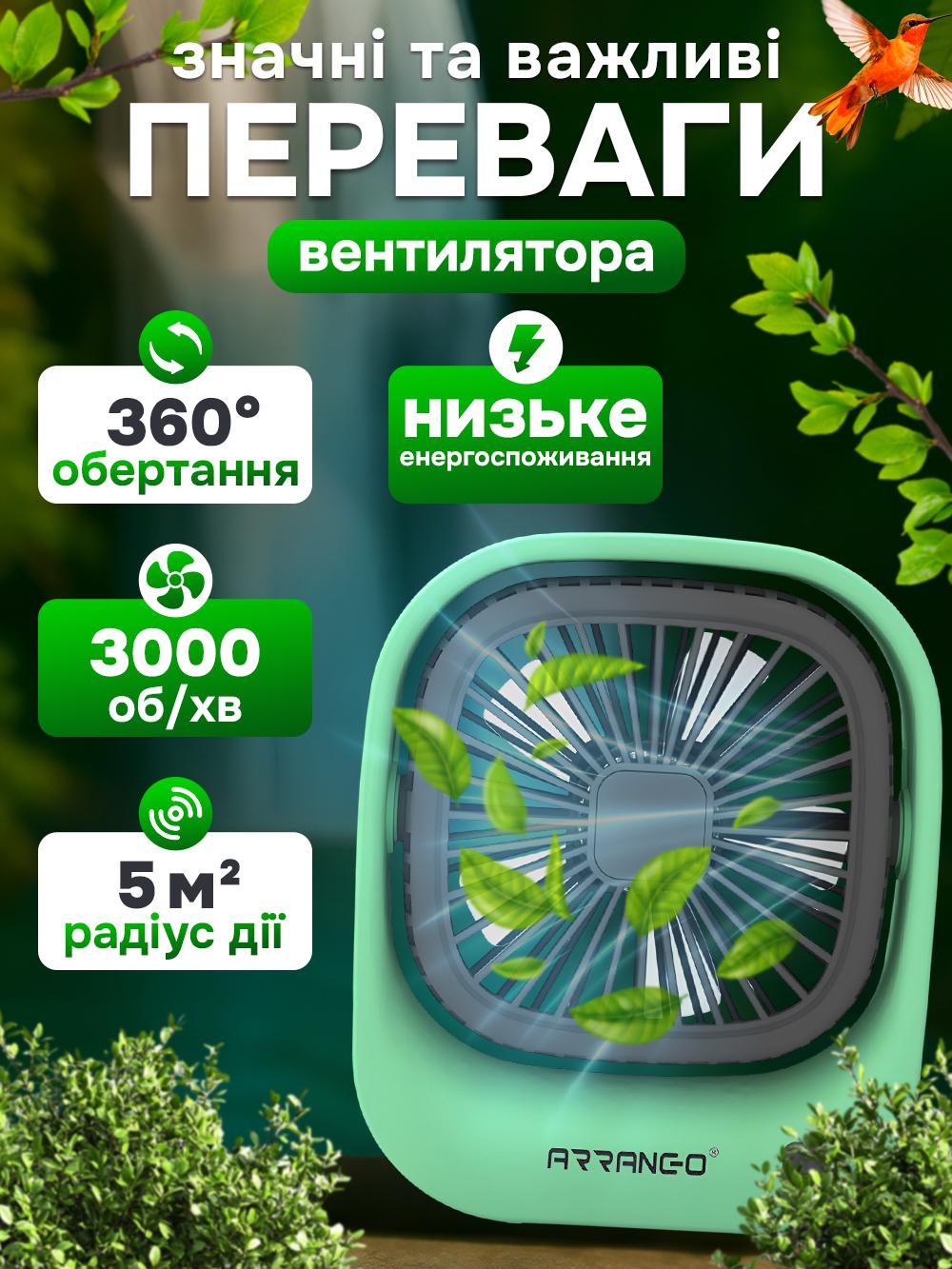 Вентилятор настільний Arranc-o AFS49064 на акумуляторі з USB зарядкою 1400mAh Білий (d960a2d3) - фото 3