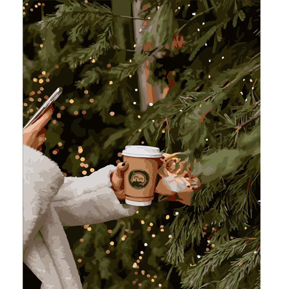 Картина за номерами Strateg Преміум Кава біля ялинки 40x50 см (GS562)
