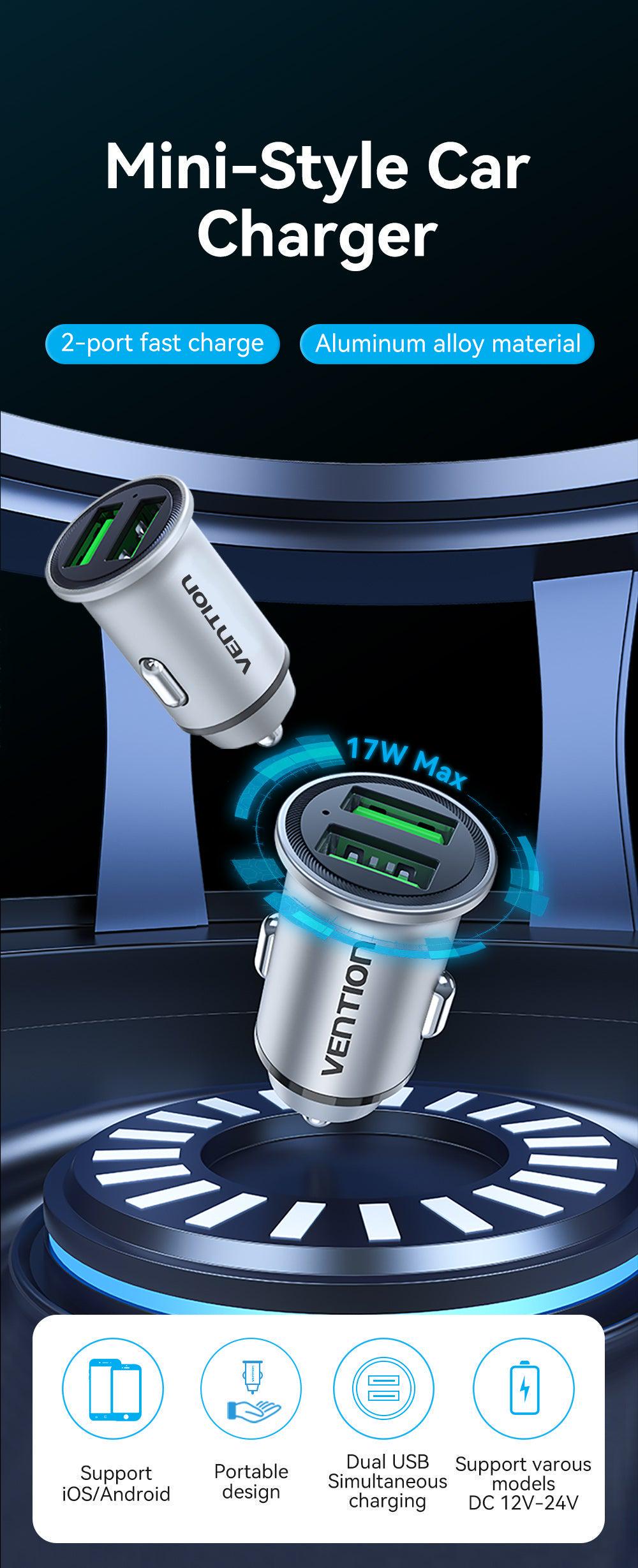 Зарядний пристрій автомобільний Vention 2x USB 18W/18W 4.8A USB-A Quick Charge 4.0/QC3.0 алюмінієвий Сріблястий (FFAH0) - фото 2 Зарядний пристрій автомобільний Vention 2x USB 18W/18W 4.8A USB-A Quick Charge 4.0/QC3.0 алюмінієвий Сріблястий (FFAH0) - фото 2