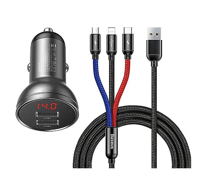 Зарядное устройство автомобильное BASEUS Digital Display 24W 2USB 4,8A и кабель USB 3in1 1,2 м Grey (TZCCBX-0G)