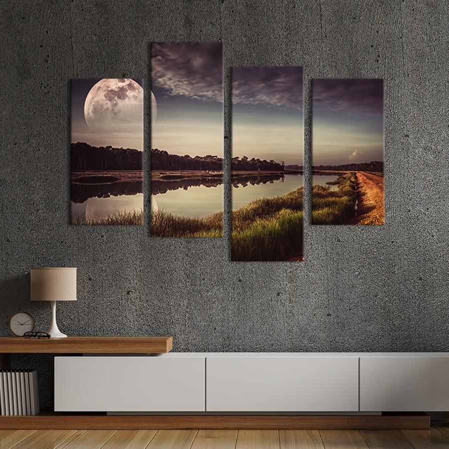 Модульна картина із чотирьох частин на холсті інтер'єрна картина Красива річка під місяцем 149x106 см (623-42)