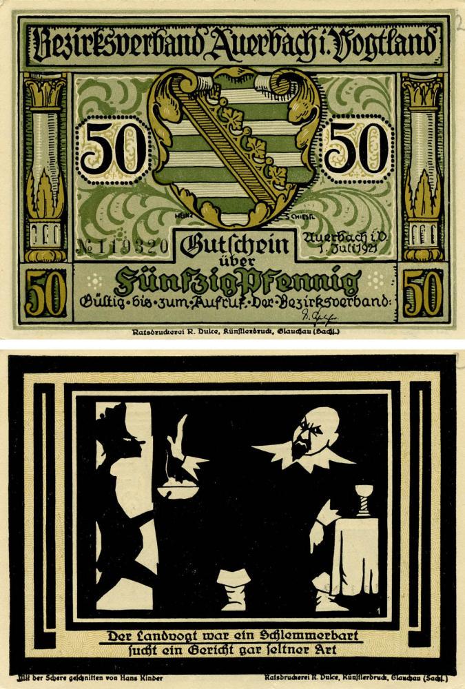 Коллекционная банкнота Германия Нотгельд 50 пфеннигов 1921 F-VF Ауэрбах Разновидность 2 (Б18782)