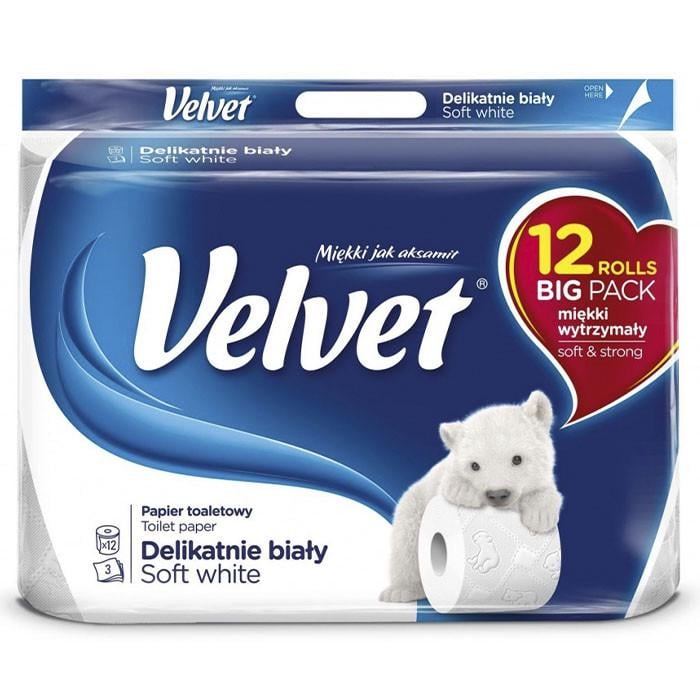 Туалетний папір тришаровий Velvet Soft 12 рулонів 150 відривів White (1774840848)