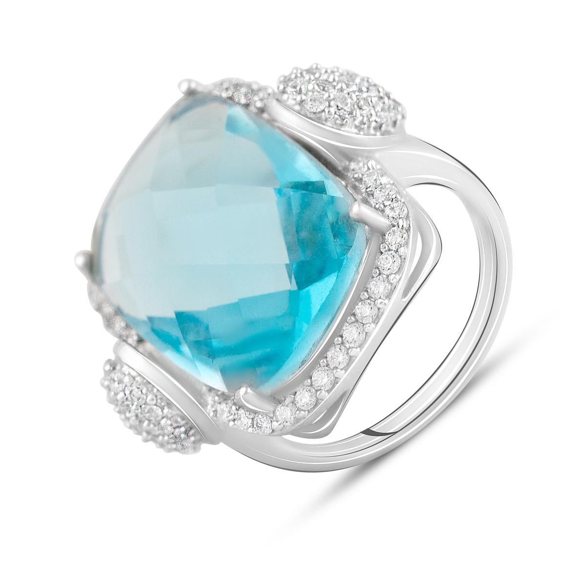 Кольцо серебряное с аквамарином Nano и фианитами р. 16