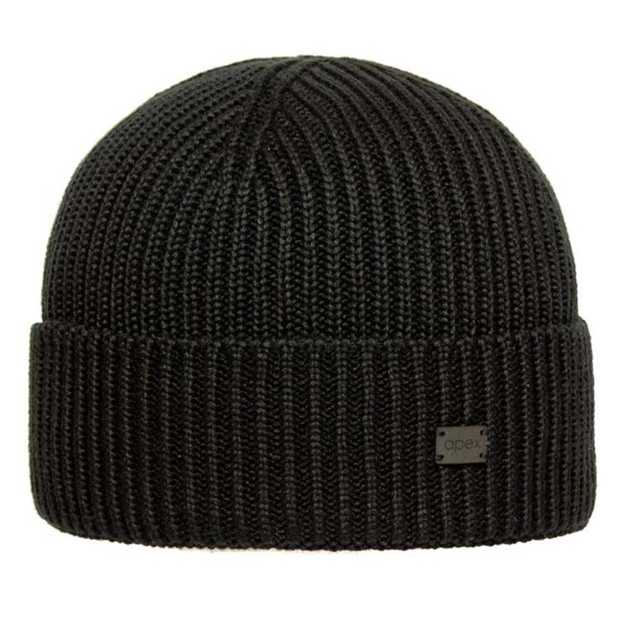 Шапка мужская зимняя грубой вязки с отворотом на флисовой подкладке Apex Риб 1 р. 56-58 Черный (40077)