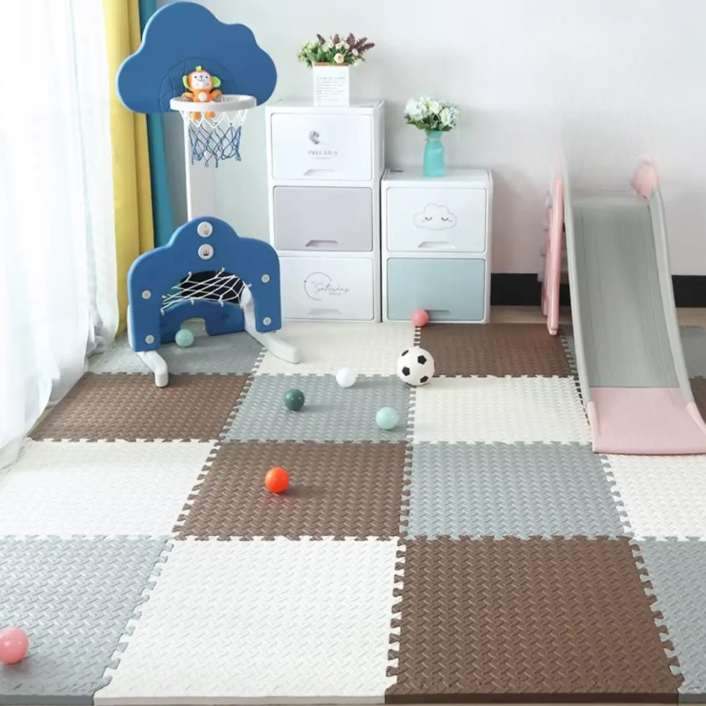 Коврик-пазл без покрытия термо из Eva-половой пены 18 пазлов площадь покрытия 6 48 м² толщина 1 см три цвета 60х60 см