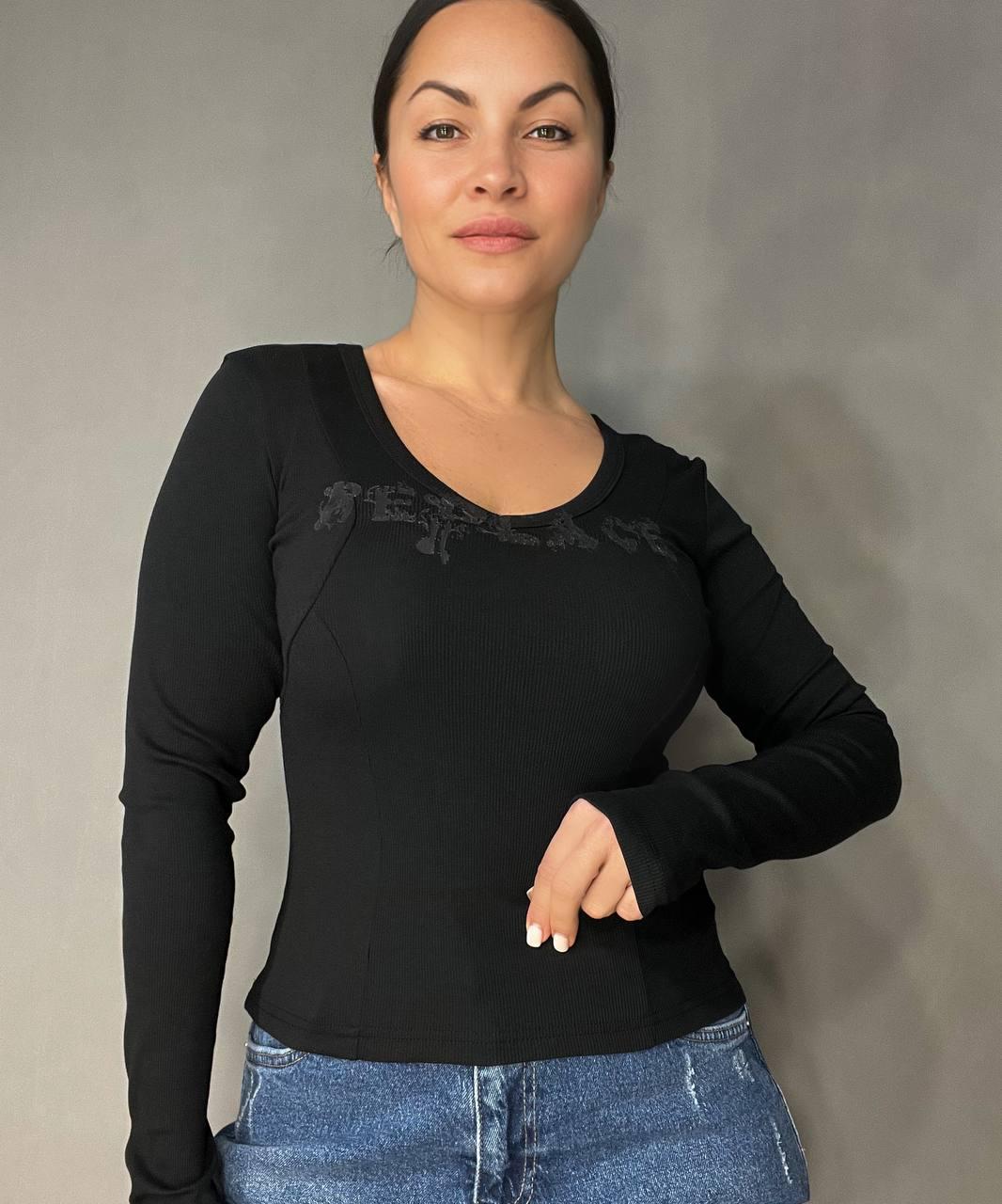 Лонгслів жіночий A-N 25079 рубчик реглан v-виріз корсетні шви OS Чорний (3452) - фото 8 Лонгслів жіночий A-N 25079 рубчик реглан v-виріз корсетні шви OS Чорний (3452) - фото 8