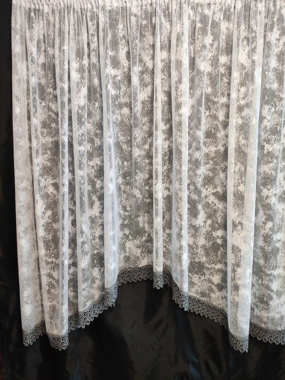 Тюль на кухню Мрамор жакард з кружевом 290х160 см Білий з сірим (ам-02)