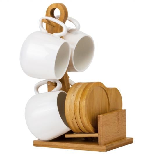 Набор керамических кружок Elisey Тандем с бамбуковой подставкой 230 мл 9 предметов Белый (135-81-9184-004)