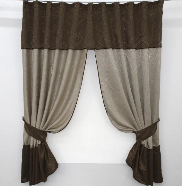 Комплект штор на кухню/балкон с ламбрекеном и подвязками 270х170 см Бежевый/Венге (073к)