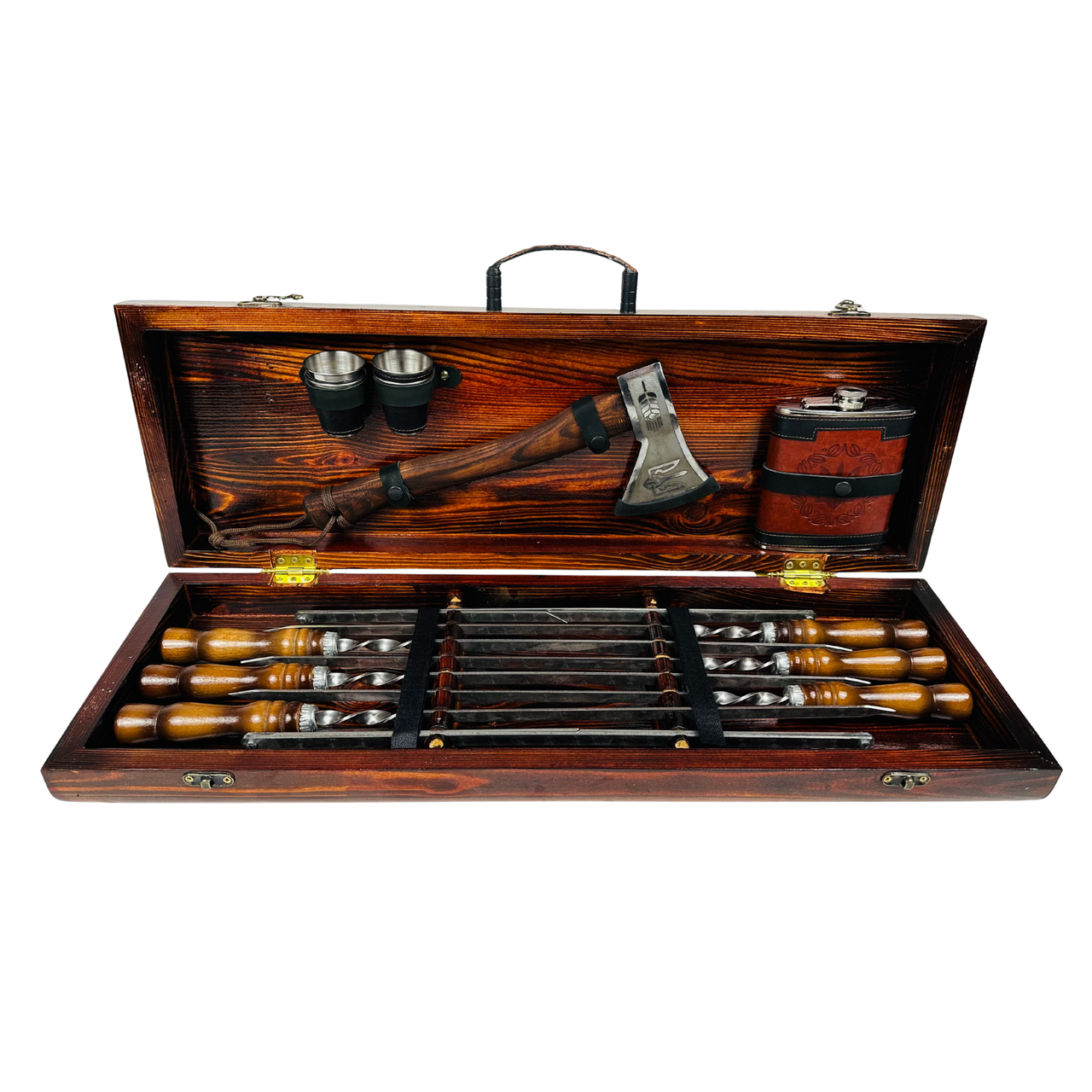 Набор шампуров из нержавеющей стали в кейсе из дерева Козак с аксессуарами