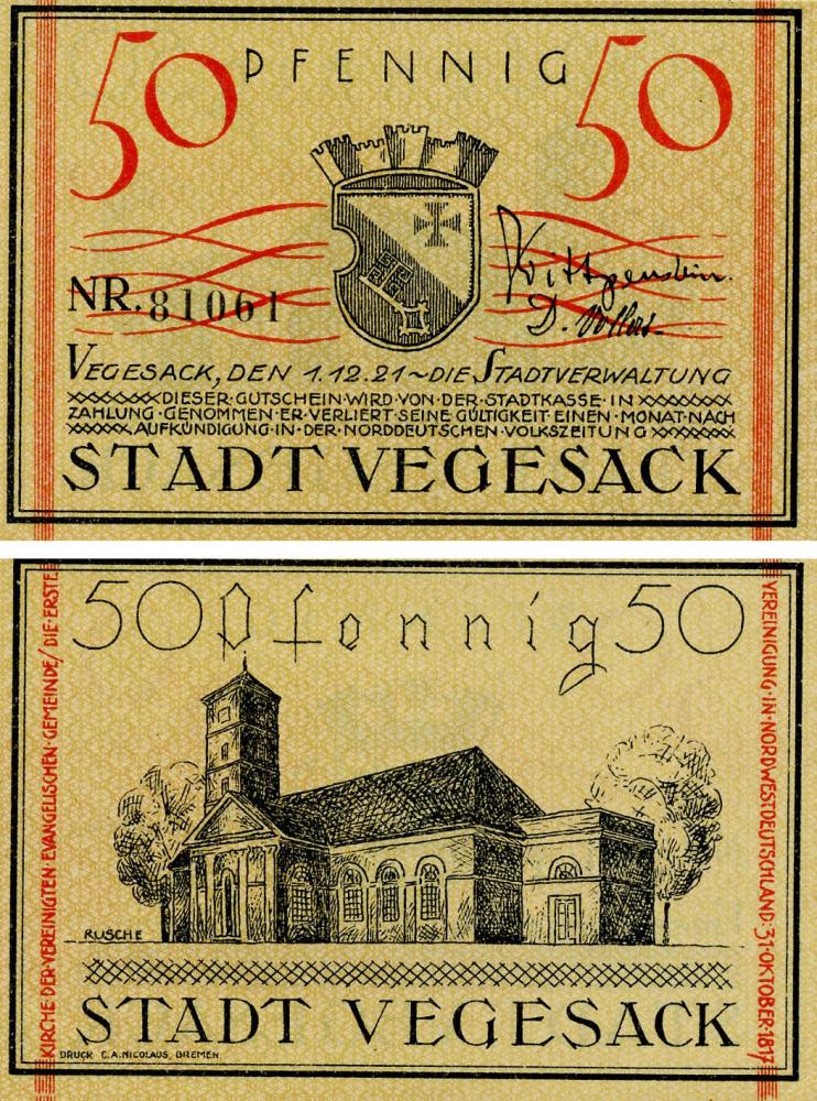 Коллекционная банкнота Германия Нотгельд 50 пфеннигов 1921 F-VF Фегезак (Б18713)