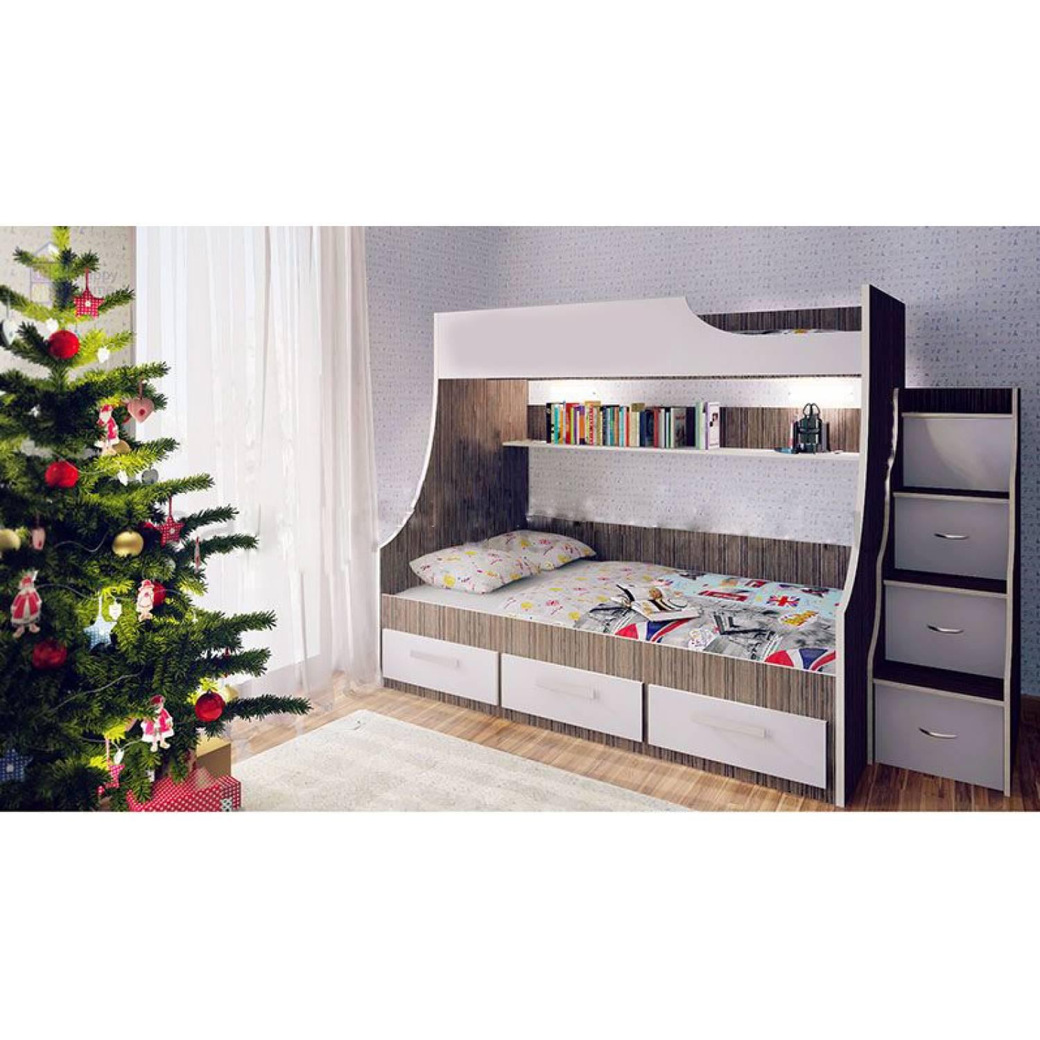 Кровать детская двухъярусная с ящиками и лестницей 80x190/120x190 см Венге/Дуб молочный (D-95)