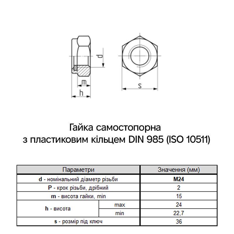 Гайка самостопорная Metalvis М24 DIN985 сталь 8 мелкий шаг 2 под ключ 36 мм цинк 25 шт. Белый (6P2080006P24200082) - фото 2