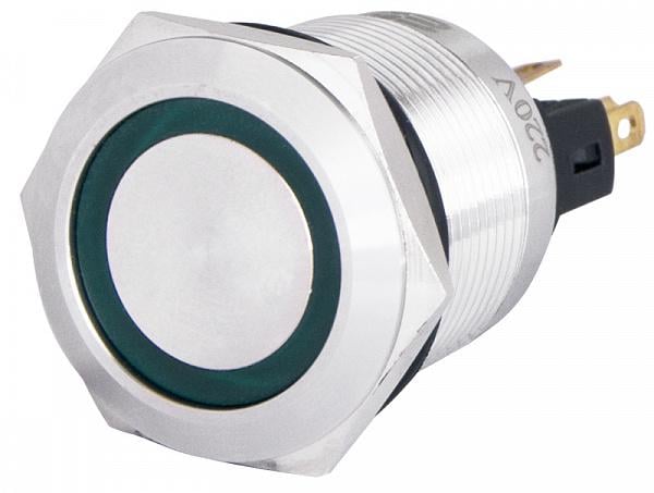 Кнопка плоская АСКО-Укрем TYJ 22-371 1NO+1NC металлическая с фиксацией LED 220 V 22 мм Зеленый (A0140010135)