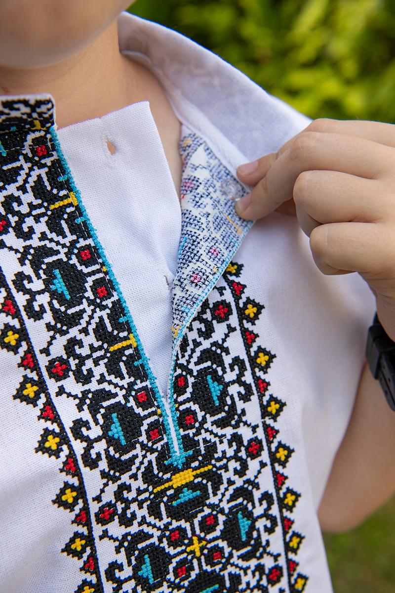 Вышиванка на мальчика из льна с коротким рукавом 158 см Белый (2354087237) - фото 2