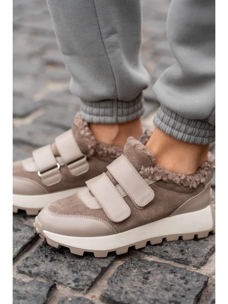 Кроссовки женские кожаные с замшевыми вставками на меху р. 37 24 см Бежевый - фото 2