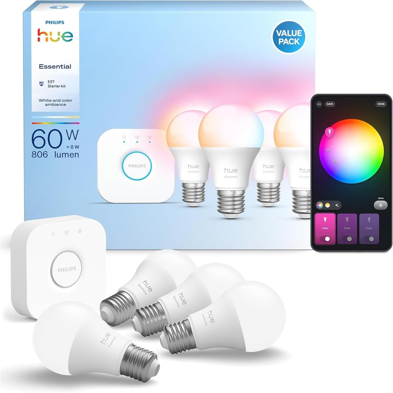 Стартовый комплект Philips hue Essential 4 умные лампы E27 806 lm/Bridge 16 млн цветов HomeKit