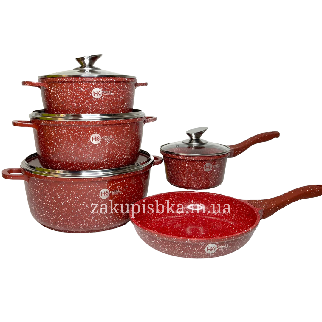 Набір посуду Higher Kitchen HK-305 з гранітним антипригарним покриттям 10 предметів Червоний (2480509830) - фото 2 Набір посуду Higher Kitchen HK-305 з гранітним антипригарним покриттям 10 предметів Червоний (2480509830) - фото 2