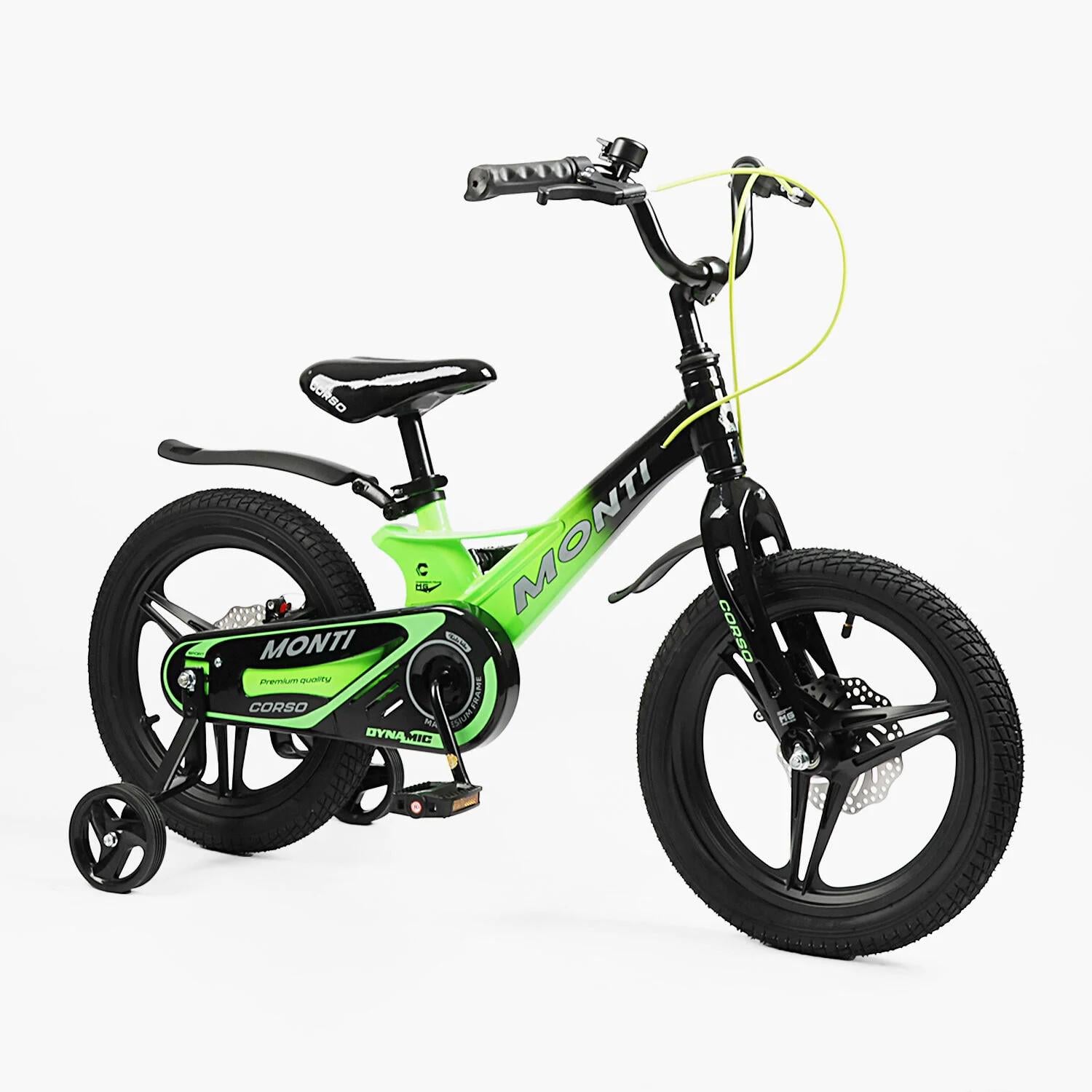 Детский велосипед Corso Monti двухколесный 16" с дополнительными колесами Зеленый (MT-16500)