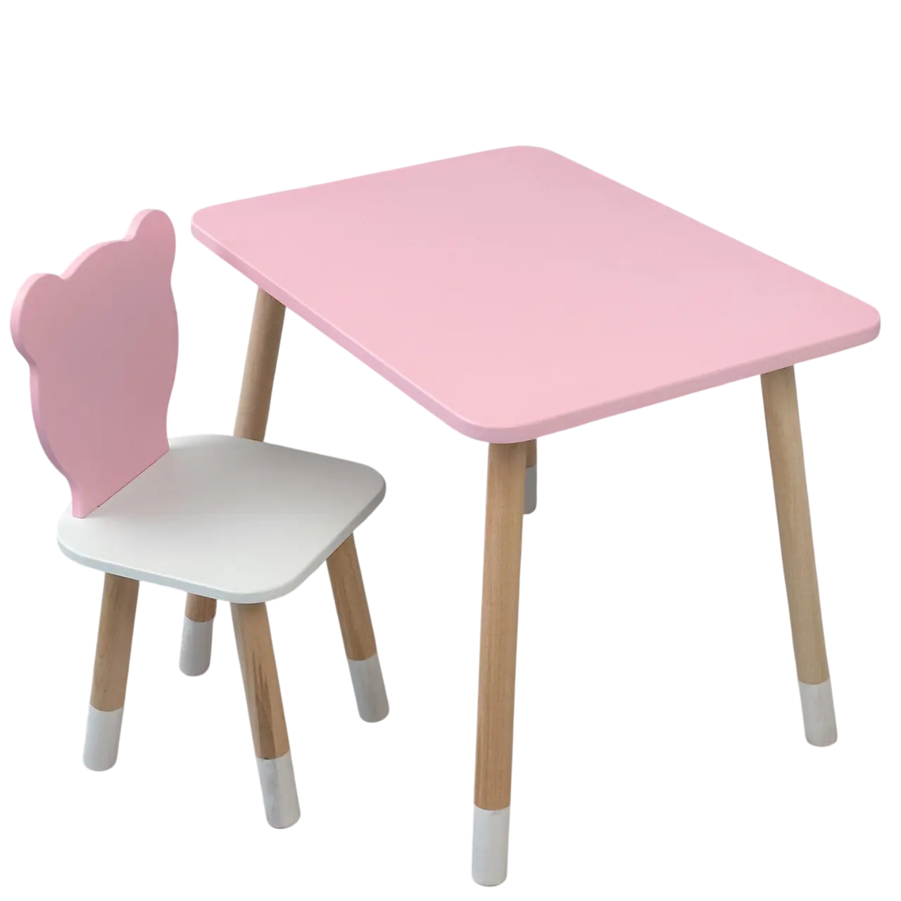 Набор детский прямоугольный столик со стульчиком медвежонок деревянный 46х60х45 см Бело-розовый (150-7-112112)