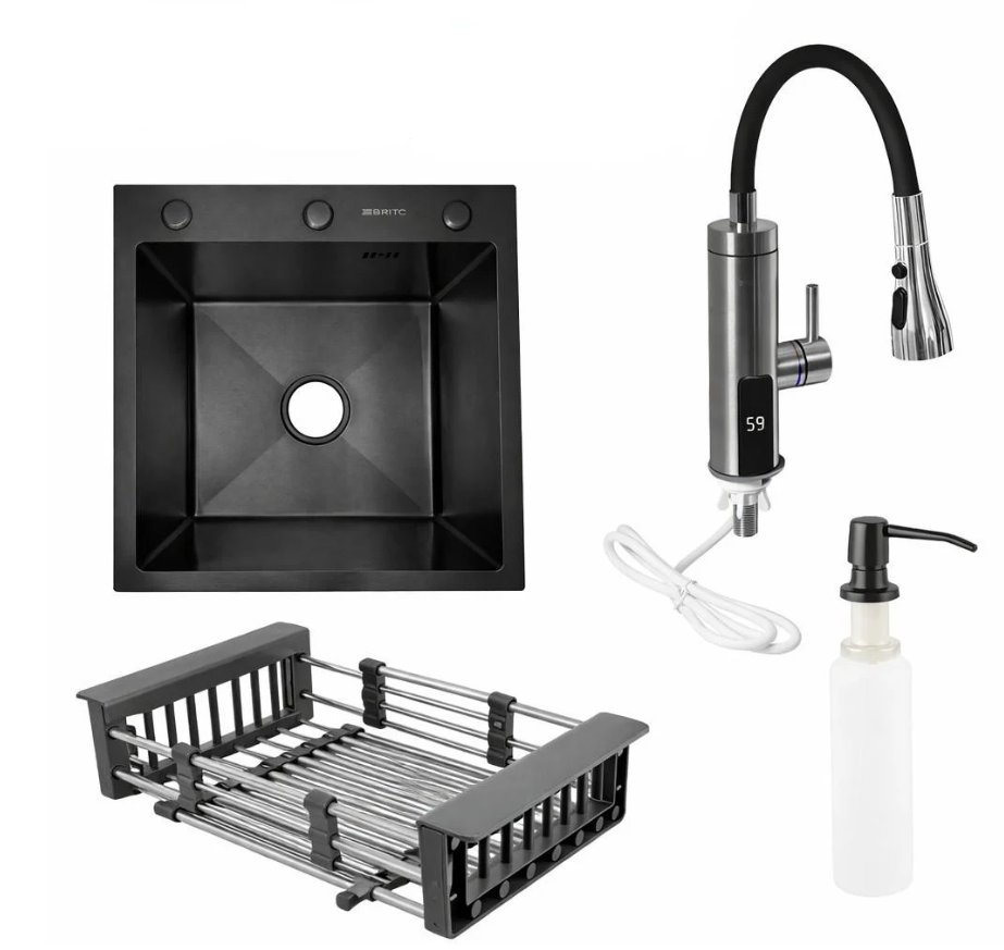 Набор на дачу Britc: кухонная мойка 50×50 PVD + кран-водонагреватель проточный с дисплеем + аксессуары